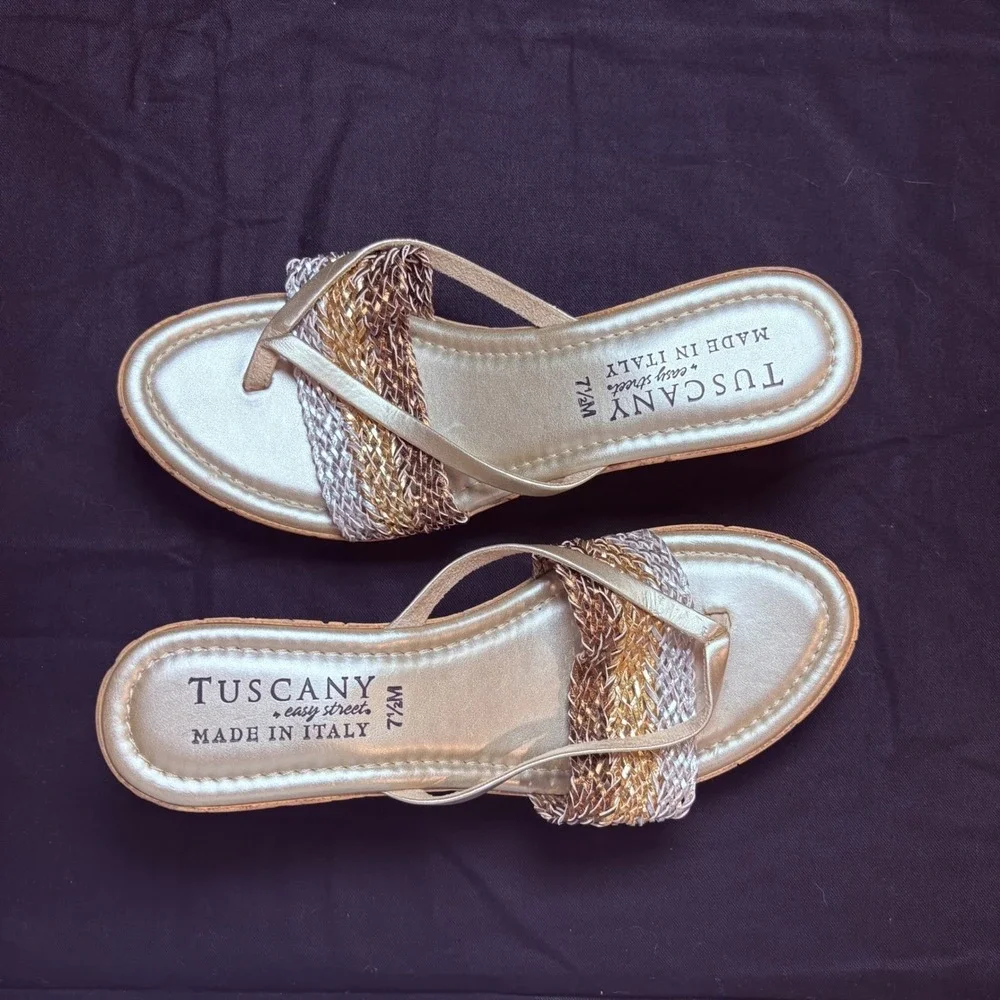 Tuscany by Easy Street Womens Metallic‎ Braided Wedge Sandals Gold Silver 7.5M